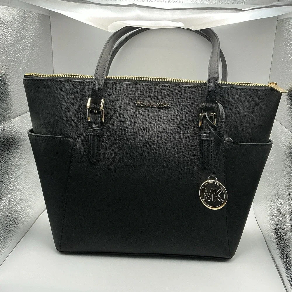 Michael Kors Charlotte Large TZ Tote Black Leather Shoulder Bag Gold NWT